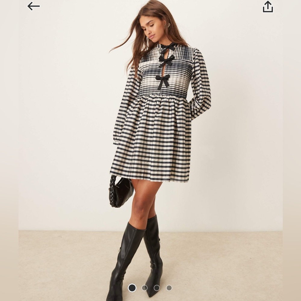 Black and Cream Plaid Bow Mini Dress